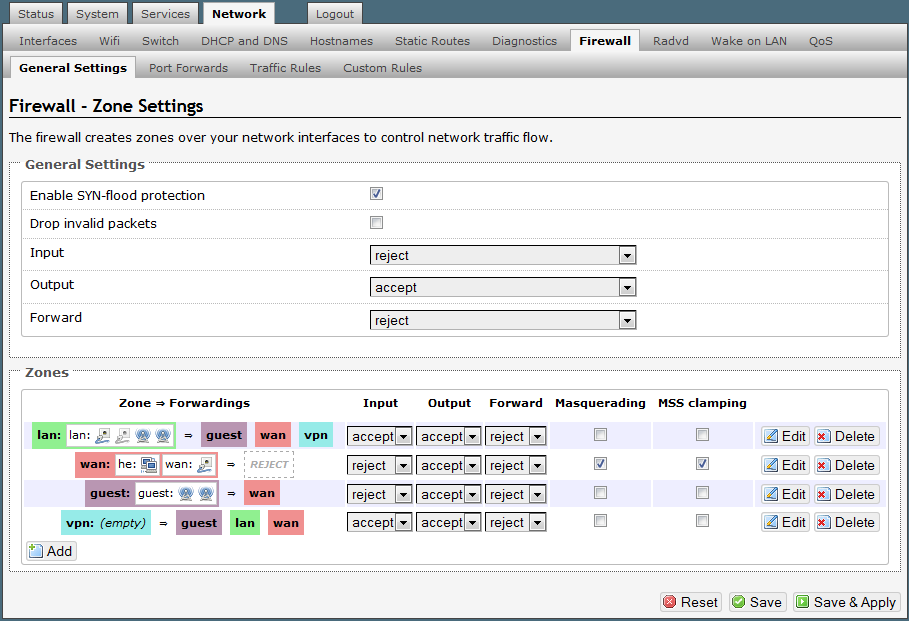 Luci Firewall zones